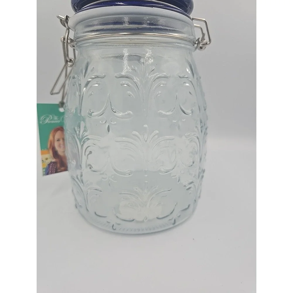 Pioneer‎ Woman Embossed Glass Jar Clamped Floral Blue Lid 63oz Storage Container